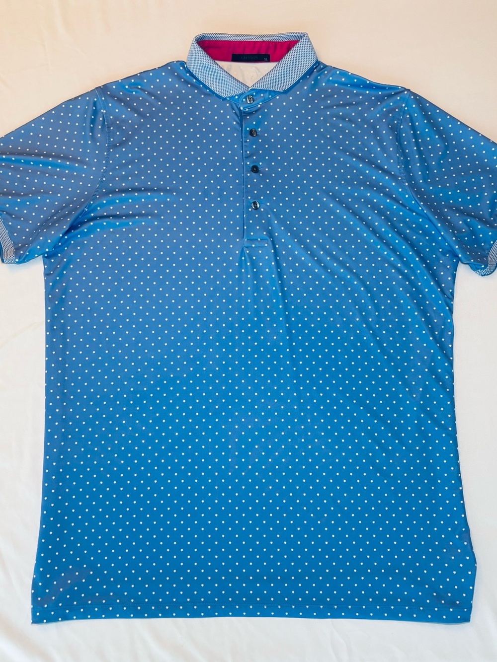 Greyson - Blue Polo with White Wolf Logo Polka Dot Pattern, Contrast Collar